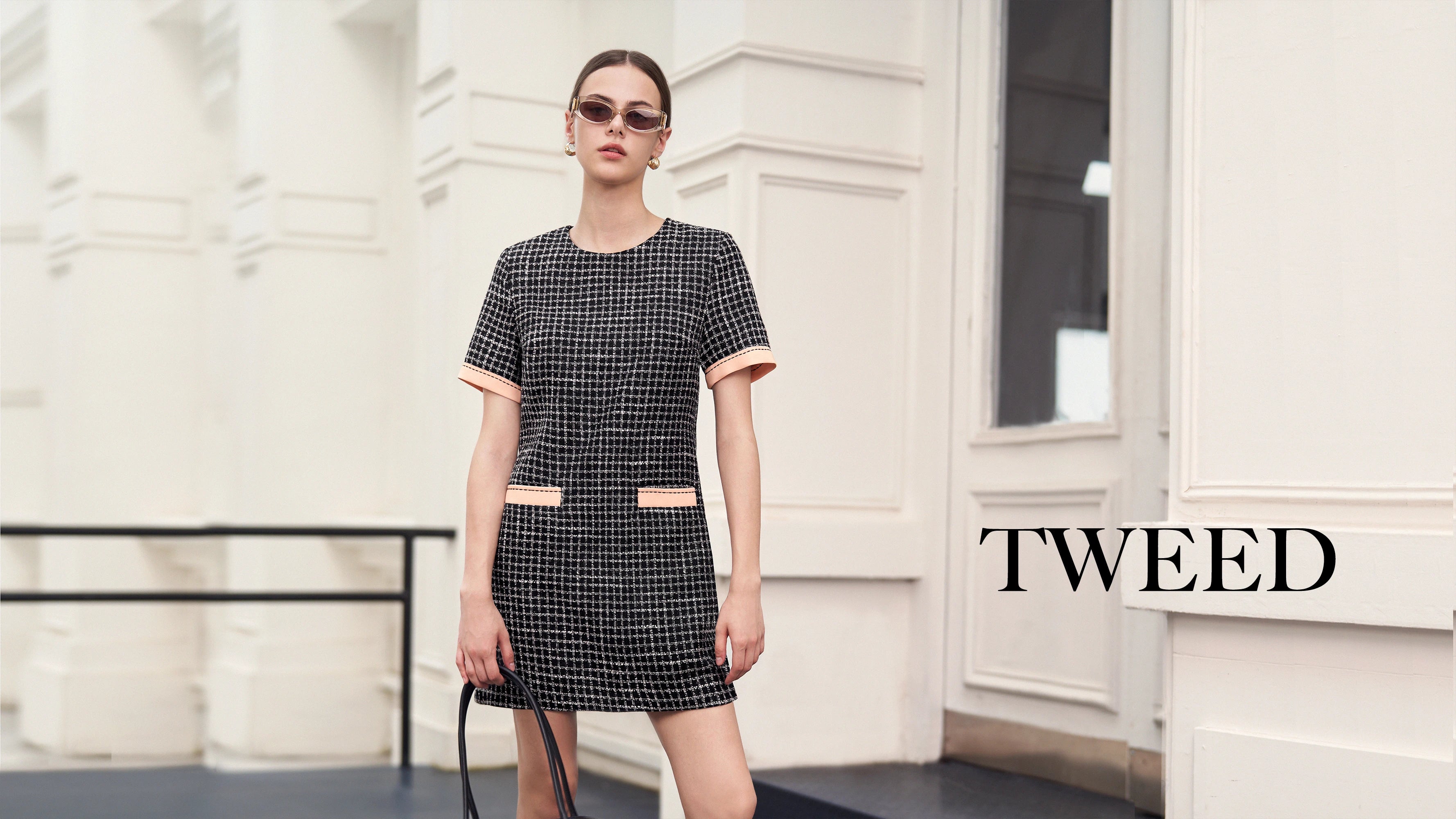 関税込 SaturdayClub Tweed Semi Sheer Pleated Bottom Dress Tweed Bodice Semi Sheer Pleated Bottom Dress – SaturdayClub