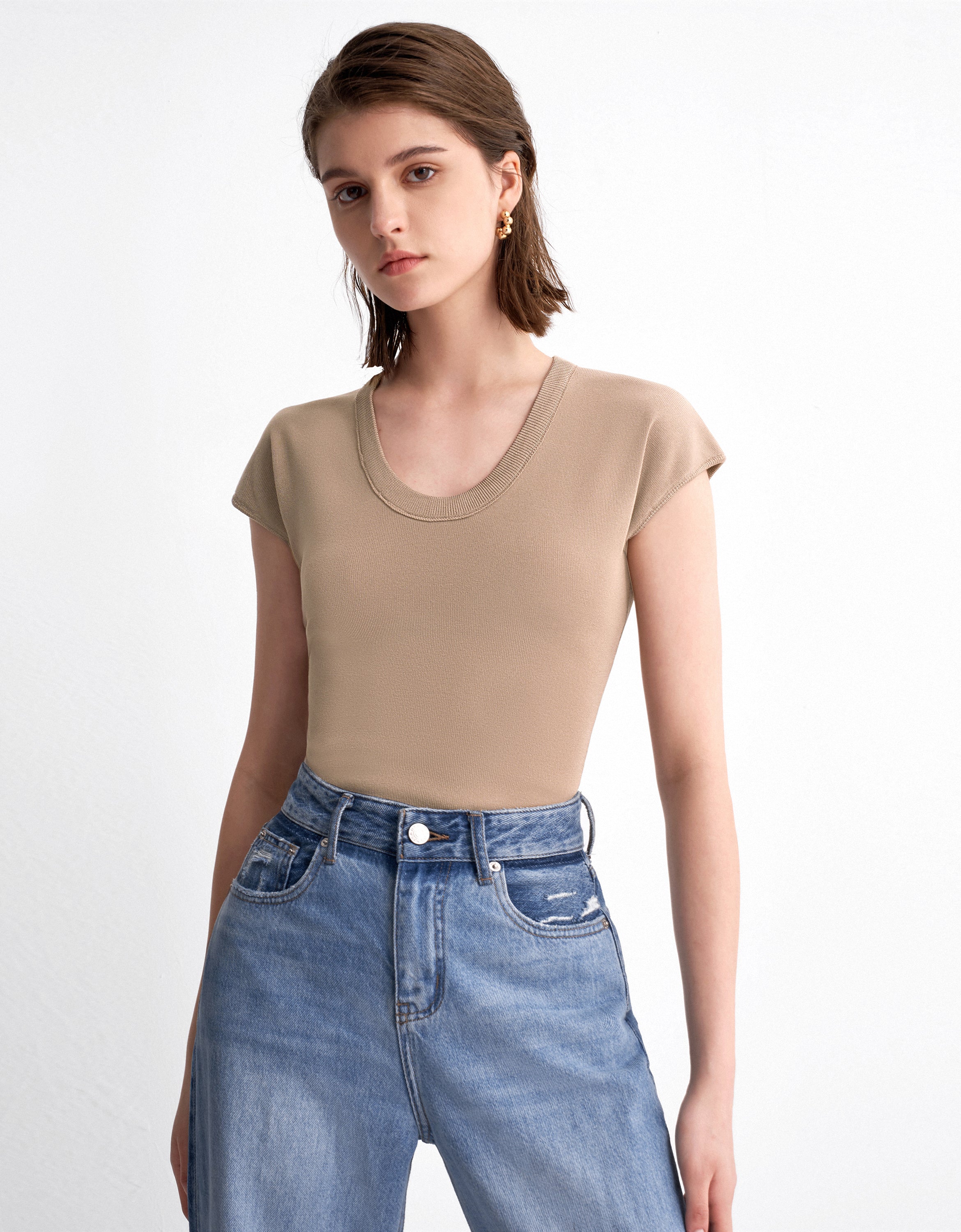 Vivo Basic Chiffon Cap Sleeve Top (Double Layered) - Light Taupe