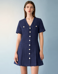 V-neck Pleated Hem Tweed Dress