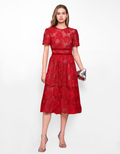 Velvet Waist Bow Short Sleeve Lace Dress