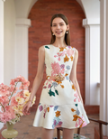 Flared Hem Floral Print Jacquard Dress