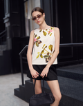 Botanical Print Beaded Shoulder Sleeveless Top
