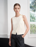 Linen-blend Layered Front Shoulder Button Crop Top