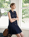 Pleated Hem Sleeveless Denim Shirt Dress