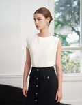 Asymmetric Sleeve Shoulder Button Round Neck Top
