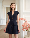 Button Front Cap Sleeve Short Dress
