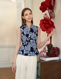 Stand Collar Lace Print Sleeveless Top