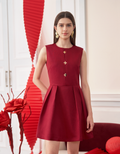 Decorative Metal Buckle Pleated Waist Sleeveless Dress