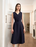 Linen-Viscose Blend V-neck Sleeveless Midi Dress