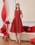 Cinched Waist Sleeveless Jacquard Dress