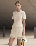 Lace Trim Neck Bow Short Sleeve Tweed Dress