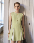 Contrast Pleated Slits Round Neck Sleeveless Dress