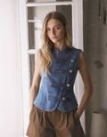 Washed Denim Asymmetric Button Front Sleeveless Top