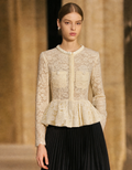 Beaded Neckline Long Sleeve Ruffled Hem Lace Top