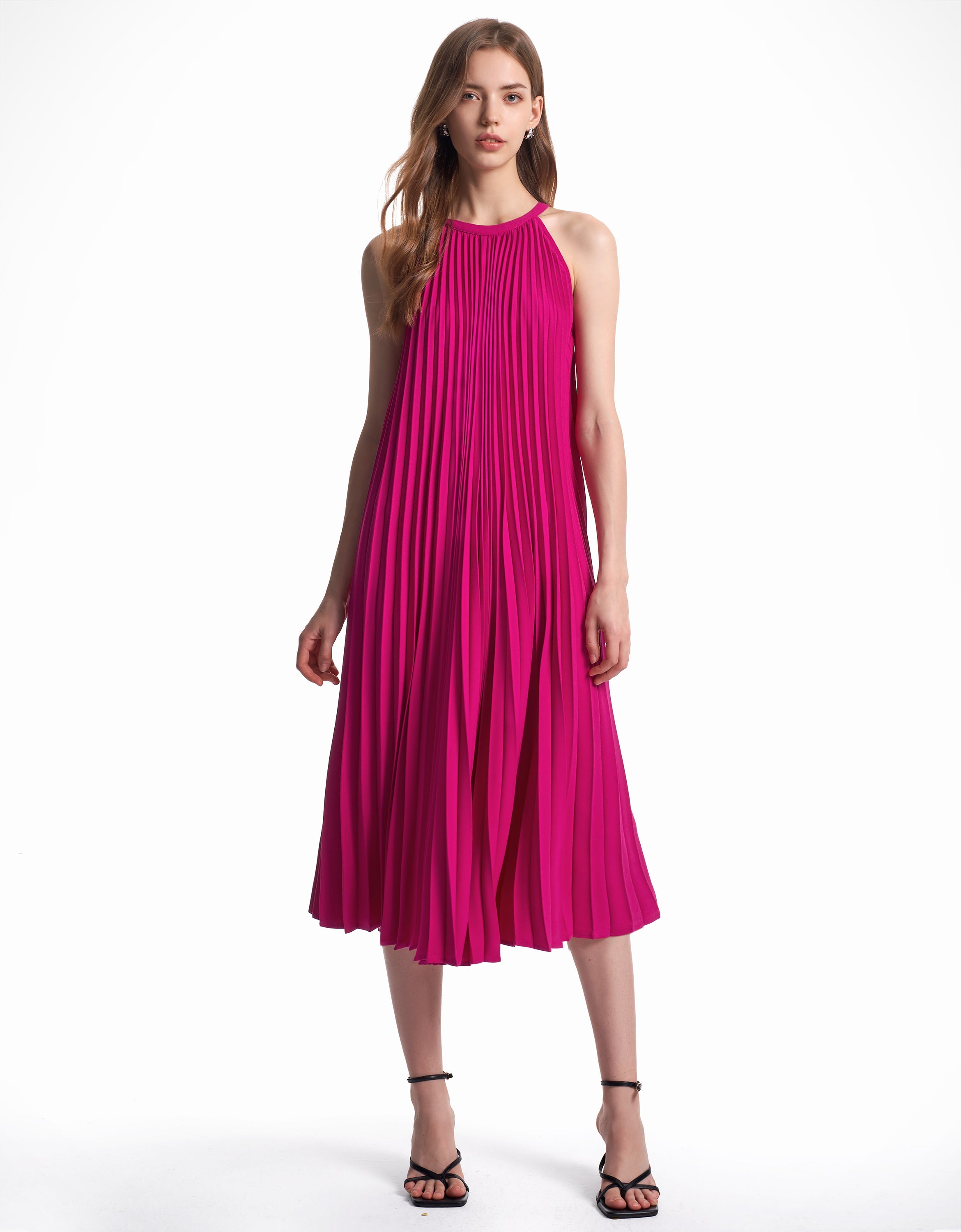 A-Line Halter Neck Pleated Ruffles Floor-length Dress Blushing Pink