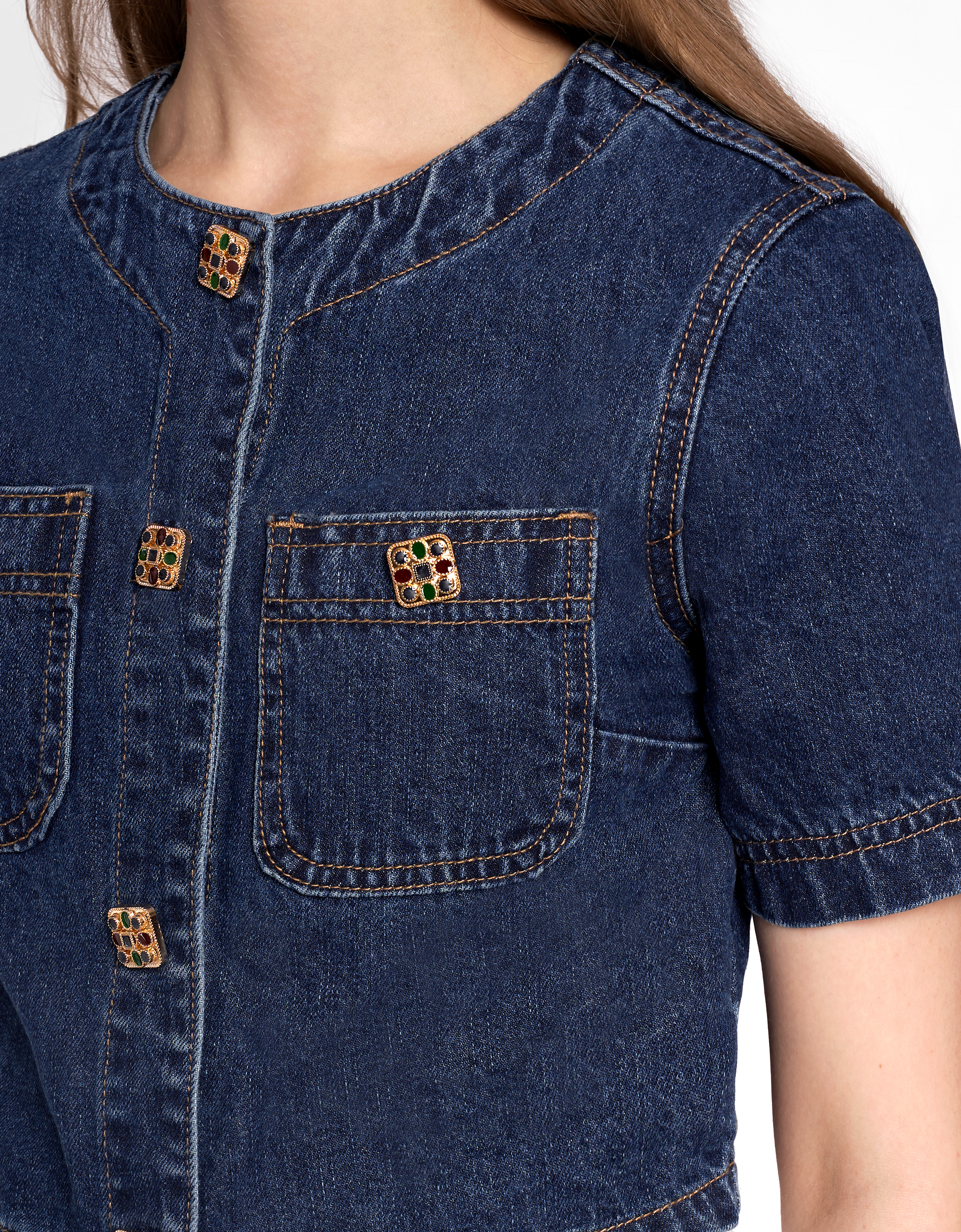 Short Sleeve Button-embellished Denim Jacket