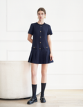 Button Front Pleated Hem Tweed Dress