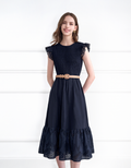Round Neck Ruffled Hem Embroidered Midi Dress