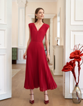 V-neck Pleated Chiffon Dress