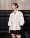 Gathered Waist Metal Buckle Cotton Shirt