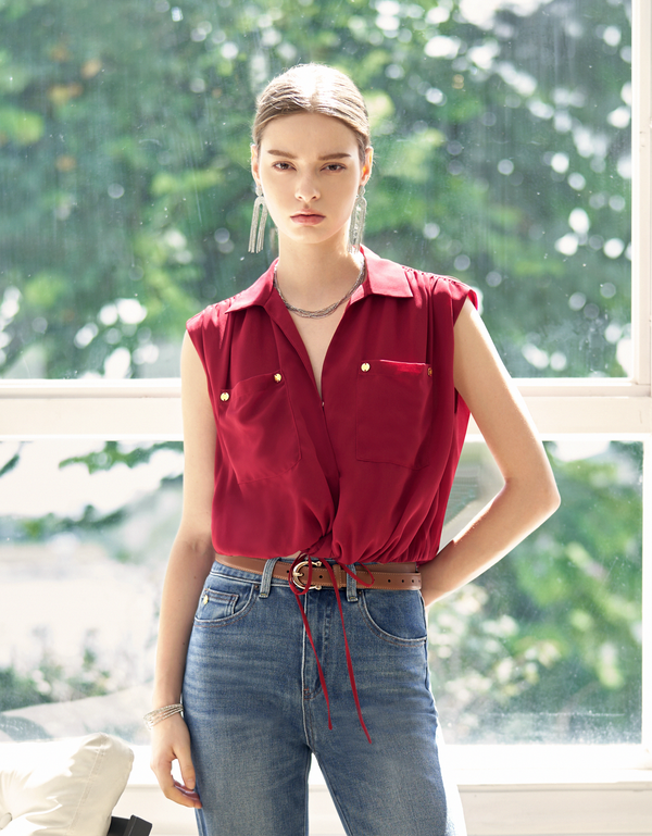 Drawstring Hem Embossed Buttons Sleeveless Top