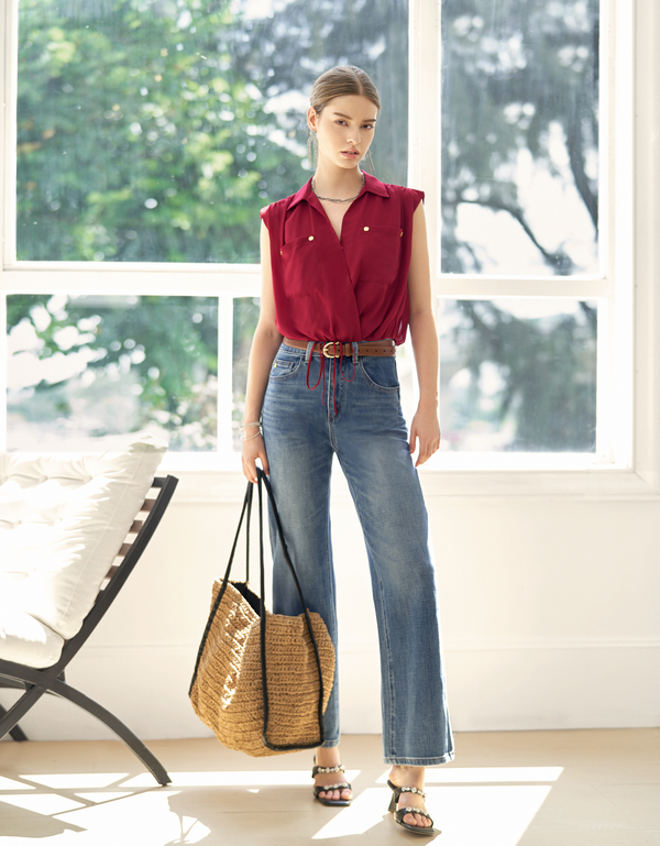 Drawstring Hem Embossed Buttons Sleeveless Top