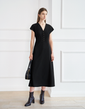 Button Front V-neck Midi Dress
