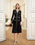Contrast Trims Long Sleeve Pleated Midi Dress