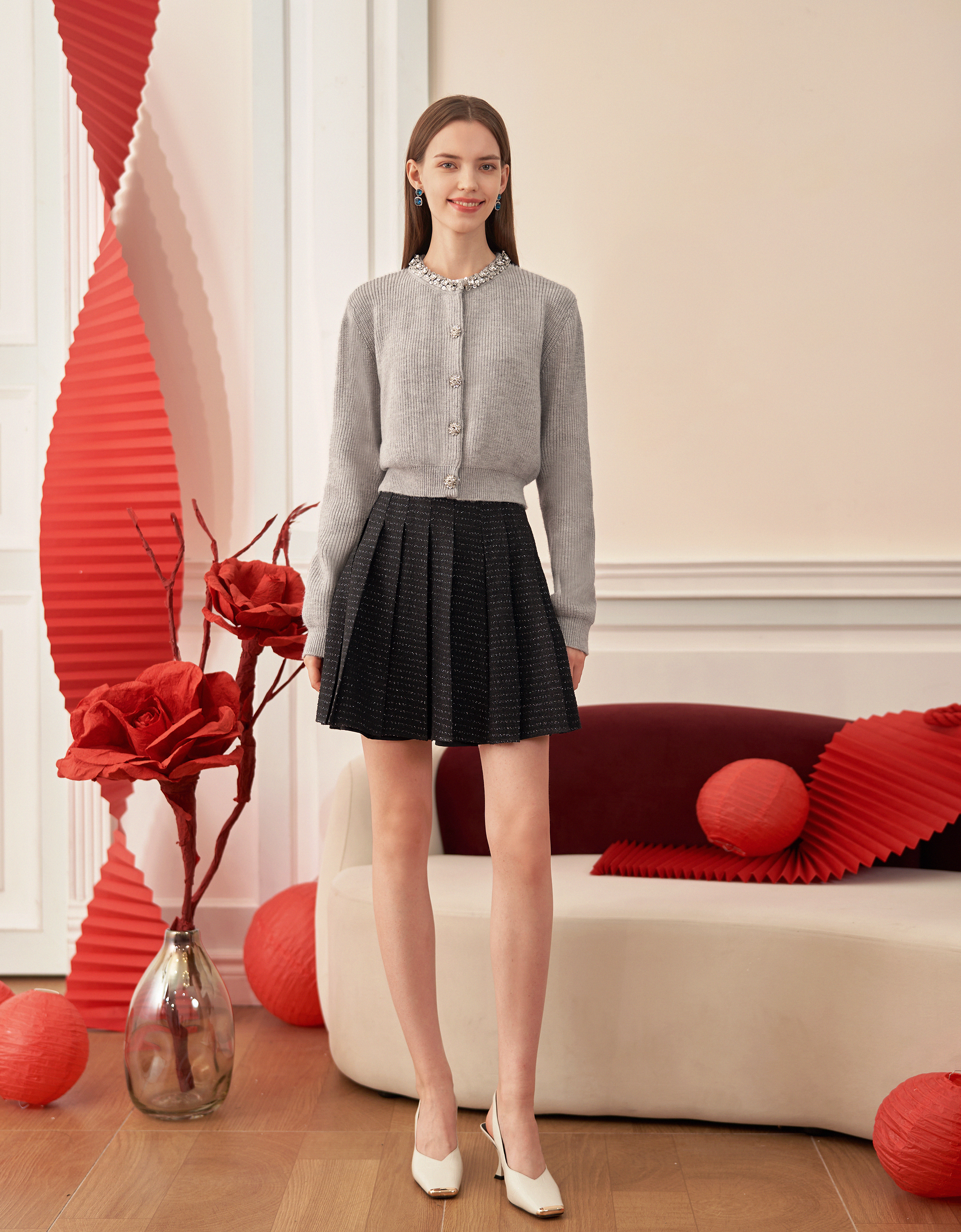 Rhinestone Collar Long Sleeve Knitted Cardigan