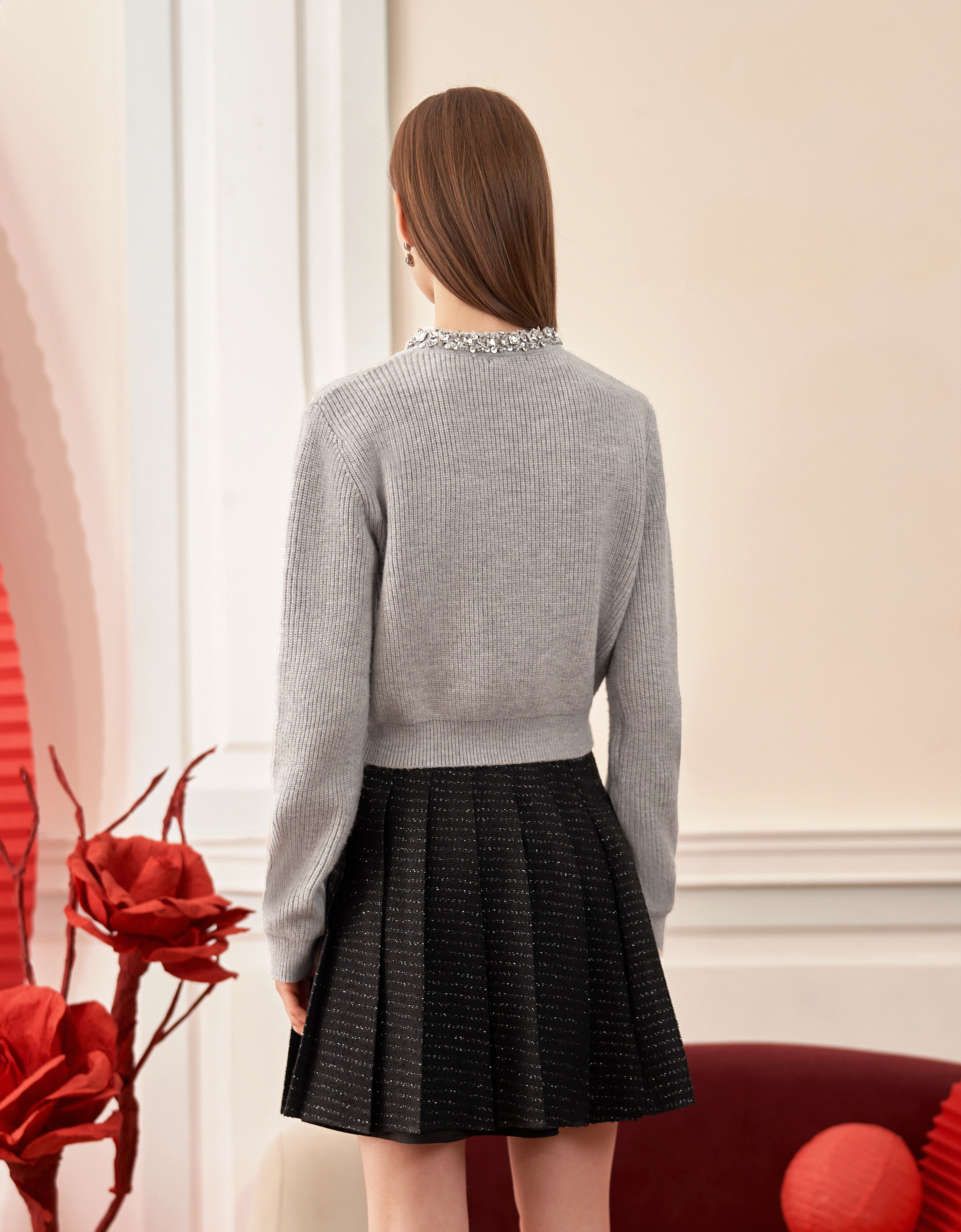 Rhinestone Collar Long Sleeve Knitted Cardigan