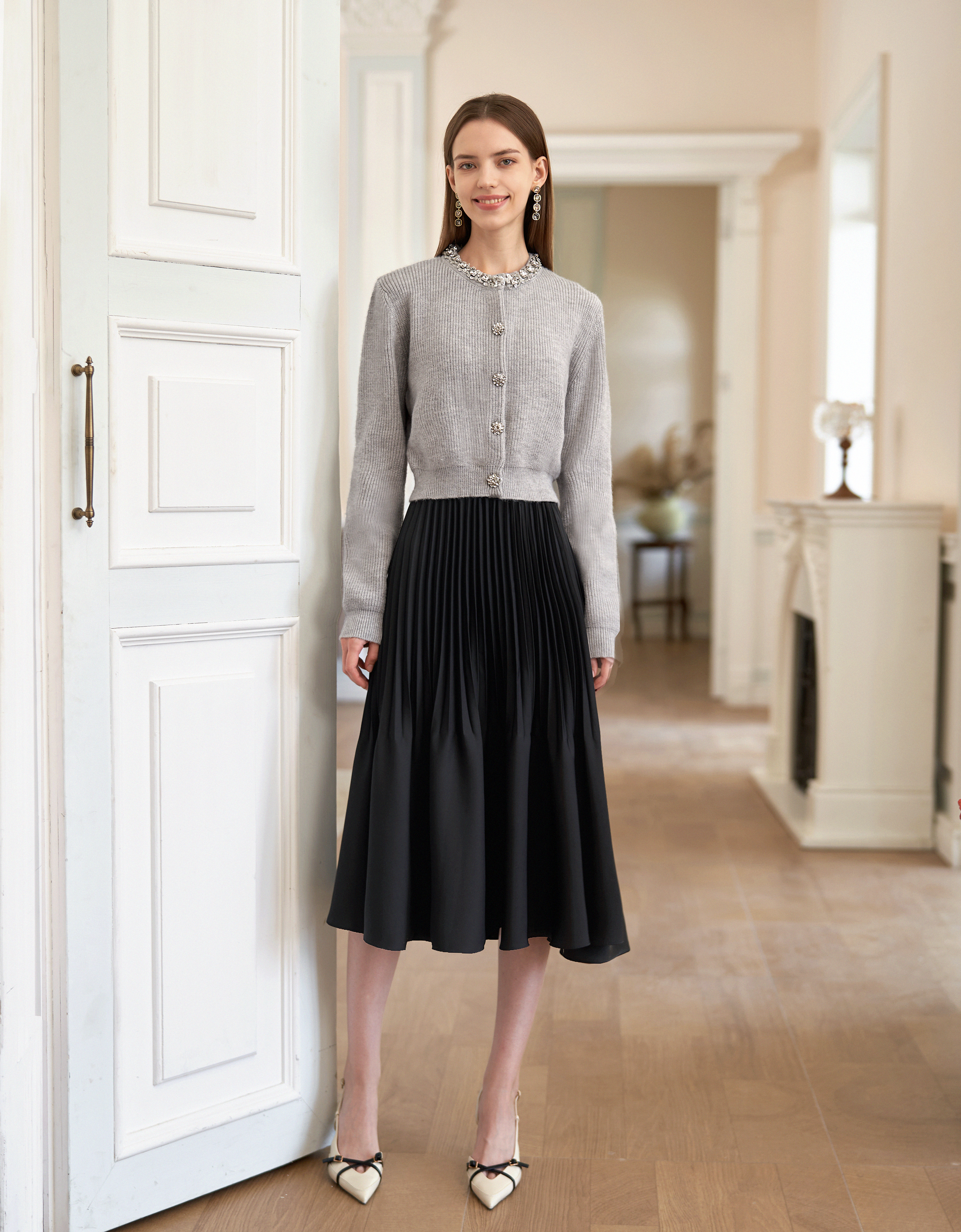 Rhinestone Collar Long Sleeve Knitted Cardigan