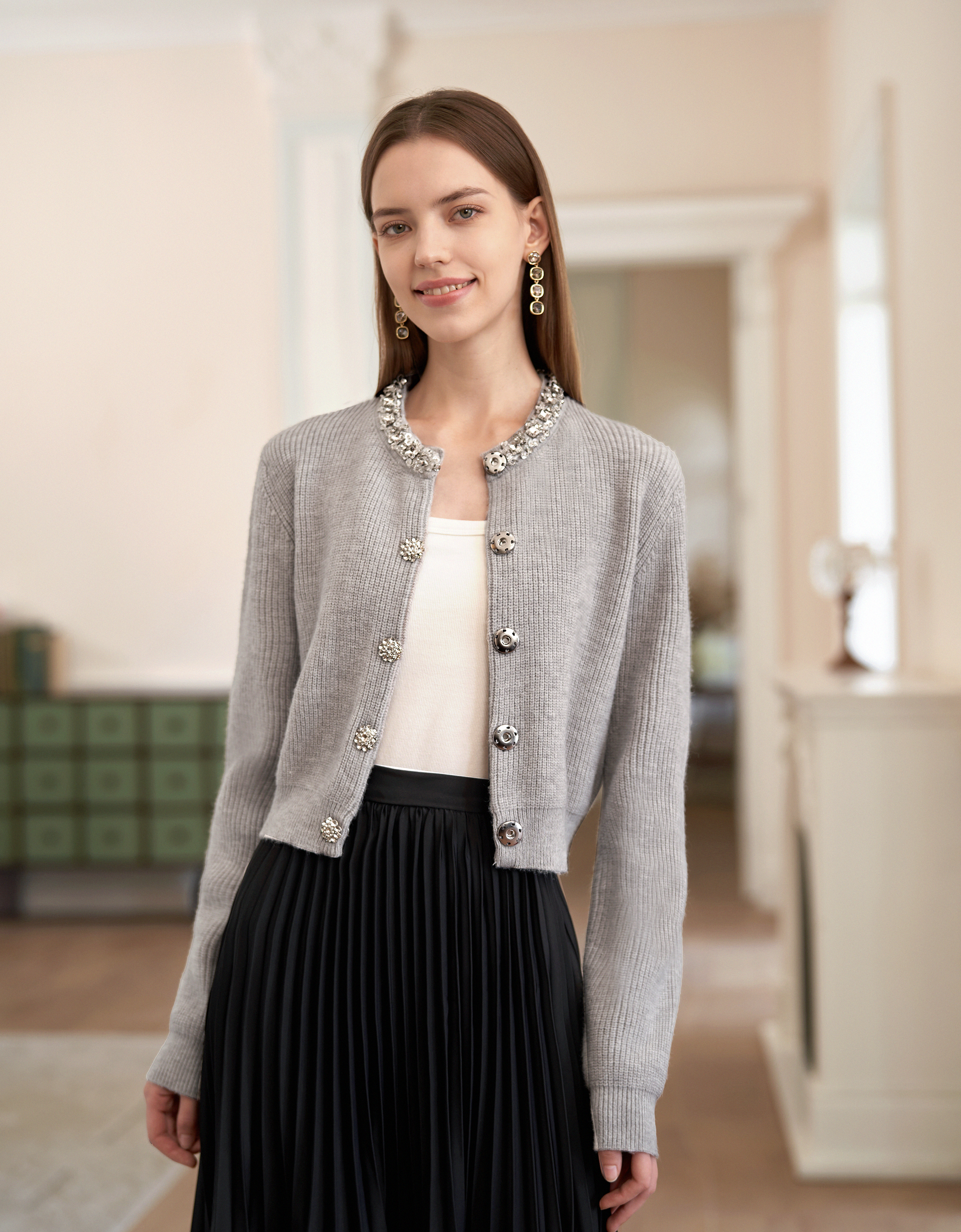 Rhinestone Collar Long Sleeve Knitted Cardigan