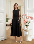 Button Detail Round Neck Pleated Dress