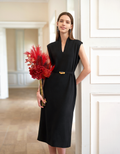 Stand Collar Wide Shoulder Midi Dress