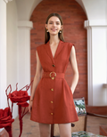 Wide Shoulder Button Front Short Dress
