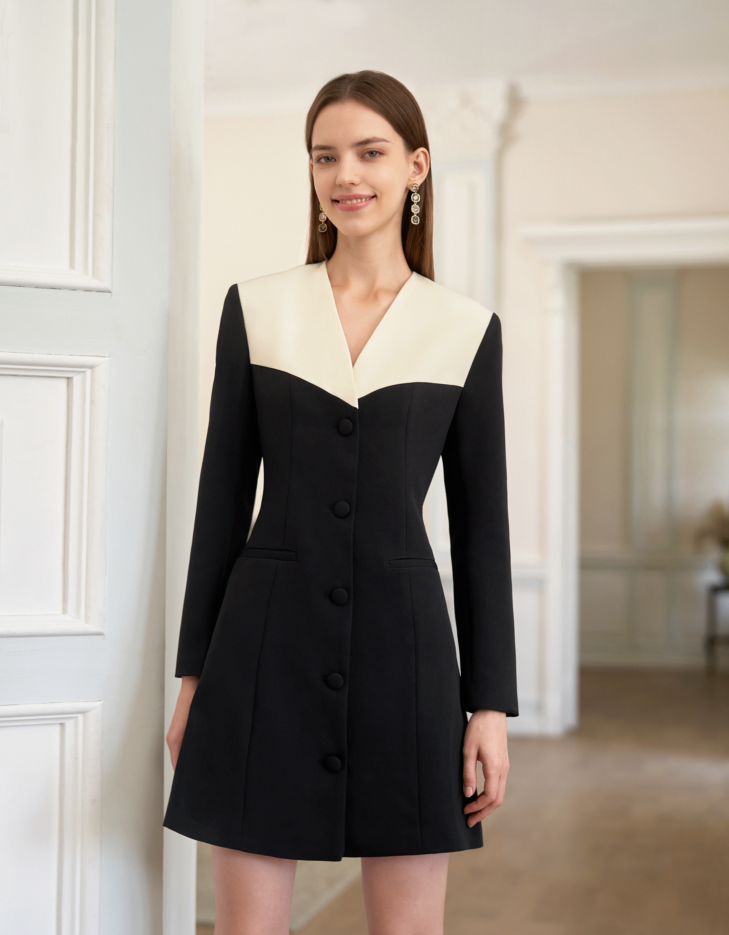 Colorblock V-neck Fitted Suit Dress