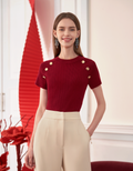 Decorative Shoulder Buttons Short Sleeve Knit Top