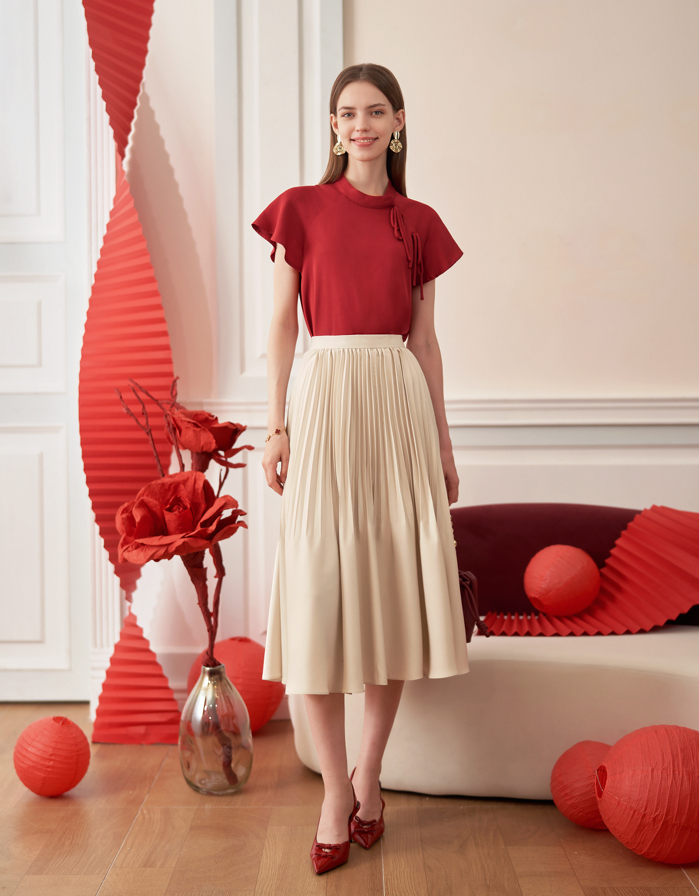 Tencel-linen Mandarin Collar Short Sleeve Top