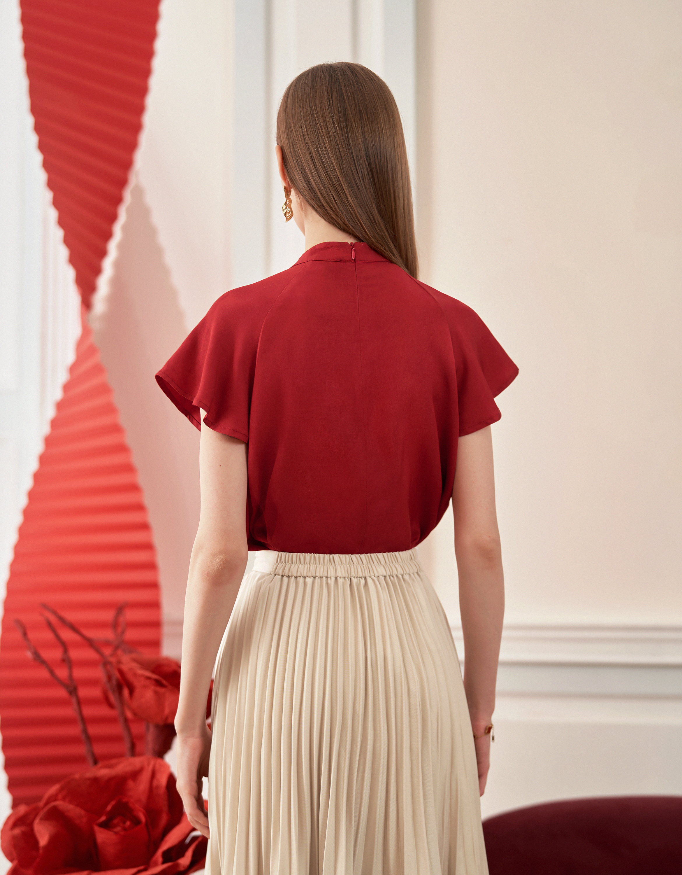 Tencel-linen Mandarin Collar Short Sleeve Top