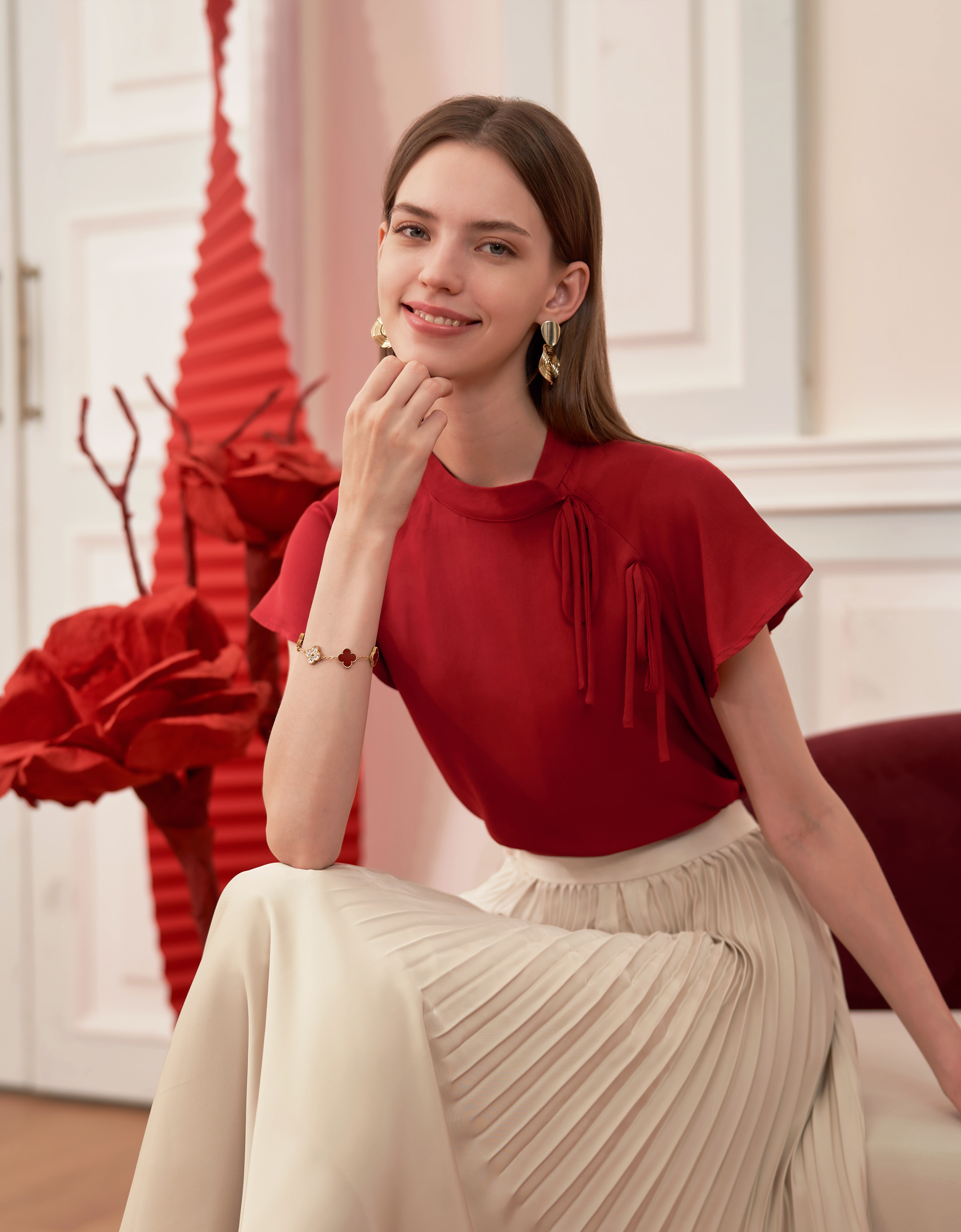 Tencel-linen Mandarin Collar Short Sleeve Top