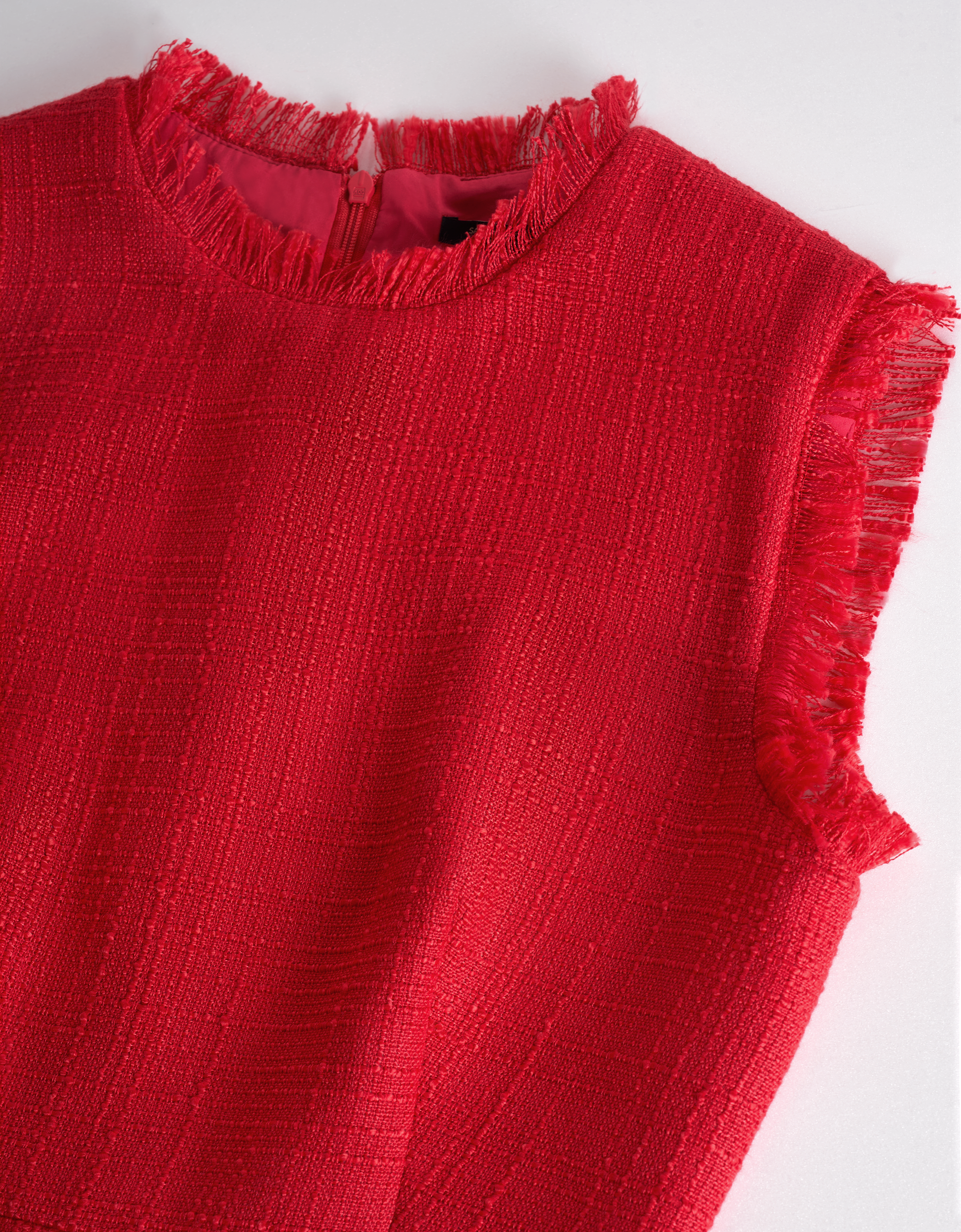 Fringe Trims Round Neck Sleeveless Tweed Top