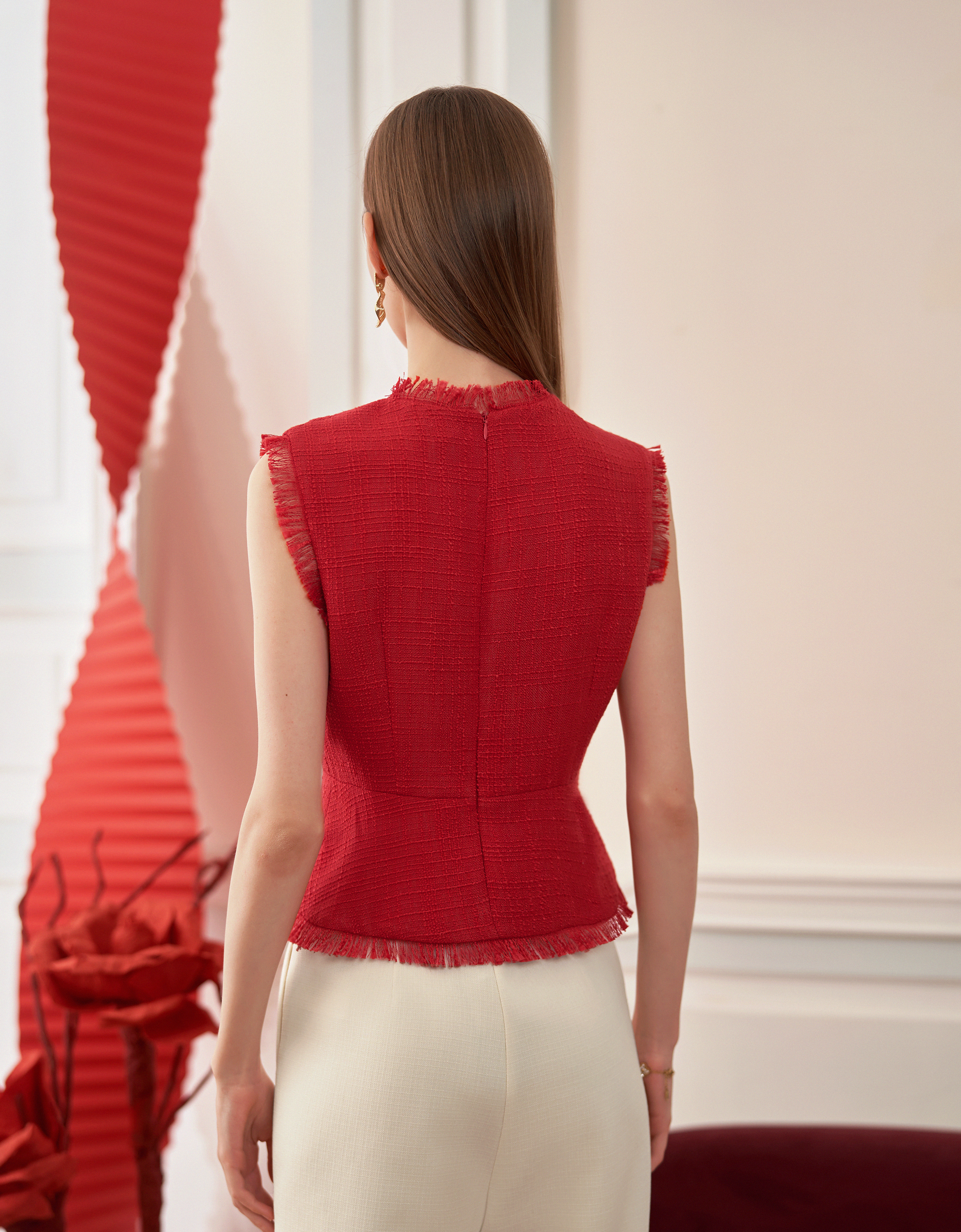 Fringe Trims Round Neck Sleeveless Tweed Top