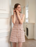 Button Front V-neck Sleeveless Tweed Dress