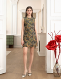 Colorblock Floral Jacquard Round Neck Sleeveless Dress