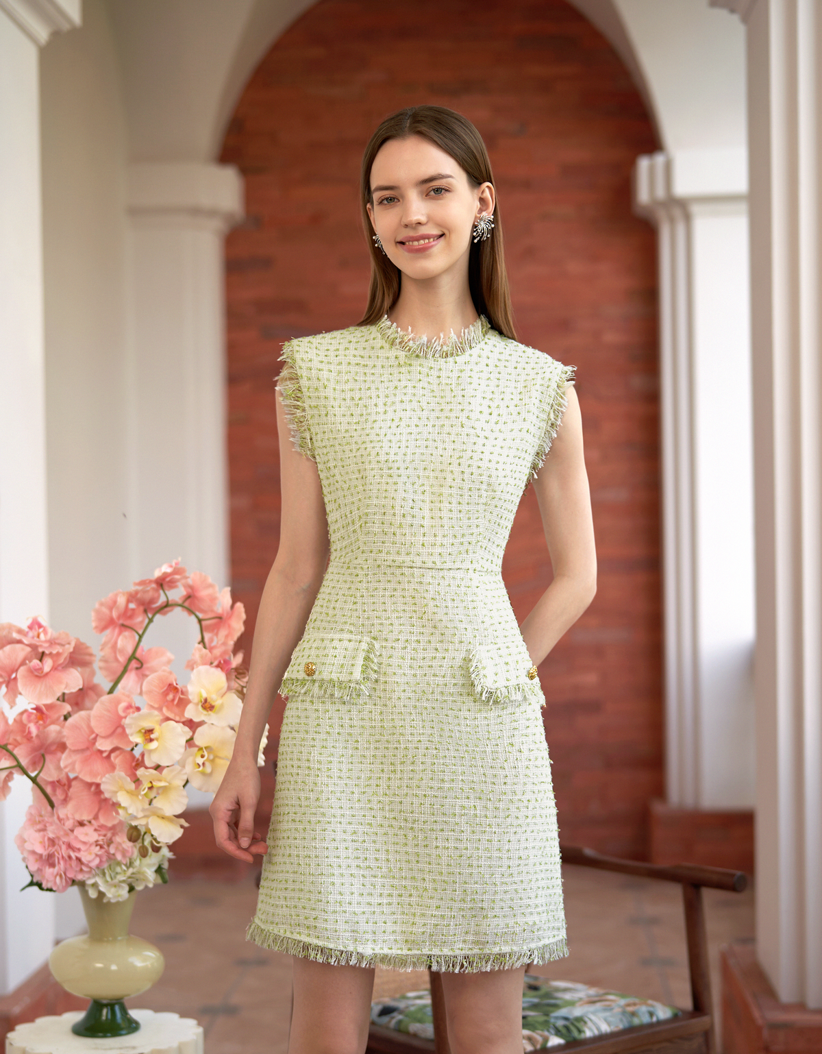 Fringe Trim Wide Shoulder Tweed Dress – SaturdayClub Singapore