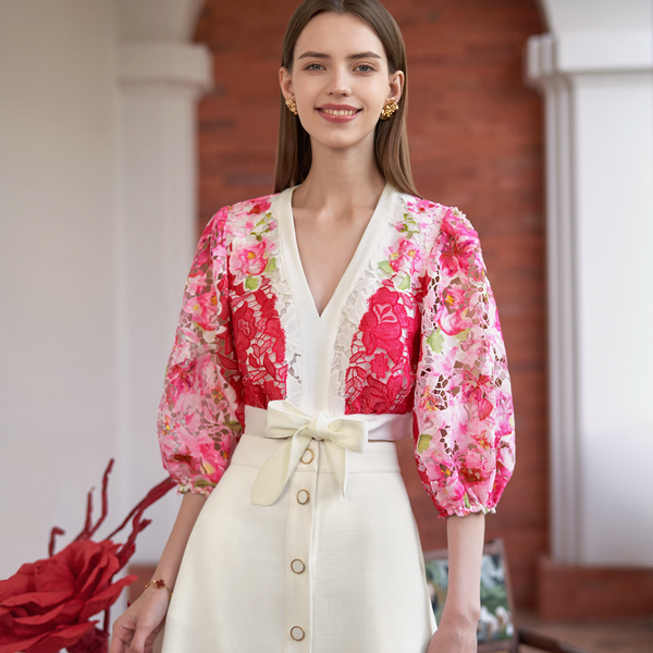 Waist Tie Printed Lace Top – SaturdayClub Singapore