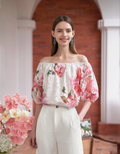 Cutwork Embroidery Off-shoulder Floral Print Top