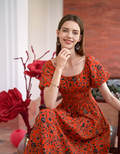 Elastic Waist Floral Print Midi Dress