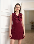 Contrast Fabric Bow Front V-neck Sleeveless Dress
