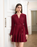 V-neck Long Sleeve Pleated Dress